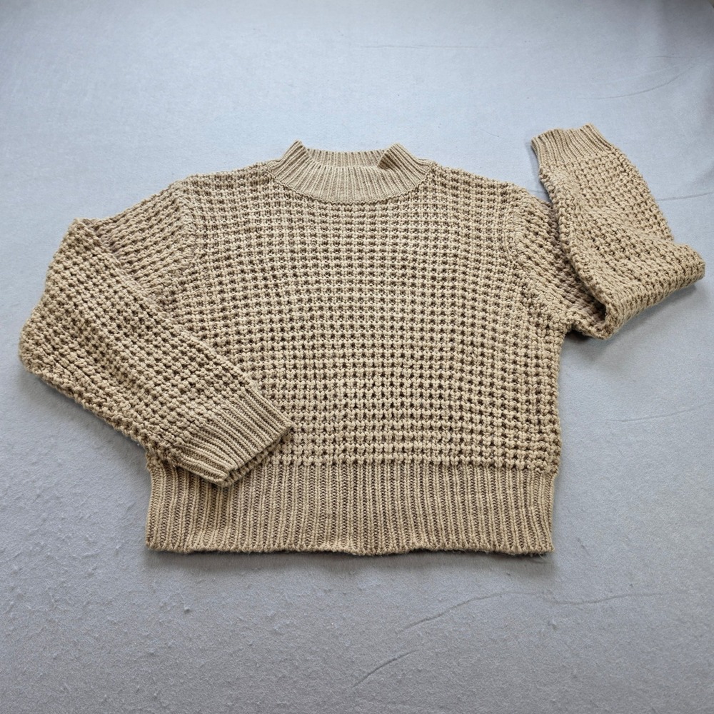 Poof Apparel Womens Crop Tan Beige Mock Neck Chunky Waffle Knit Sweater Size M